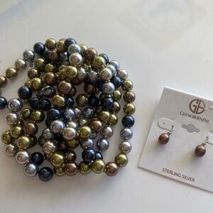 Freshwater colored pearl multi strand necklace with matching pierced earrings